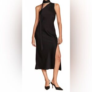 CRESCENT One Shoulder Scarf Satin Black Midi Dress with Side Slit size XS